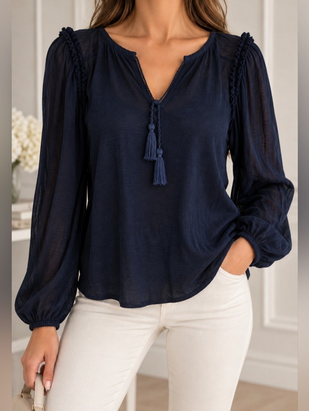 Ralph Lauren Navy Braided Shoulder Tassel Peasant Blouse